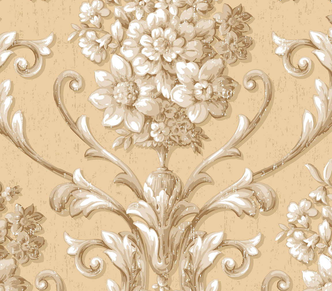 Beige and gold light reflective damask wallpaper