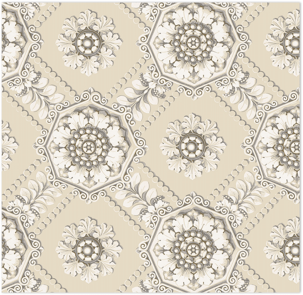 Beige, grey and gold light reflective medallion wallpaper