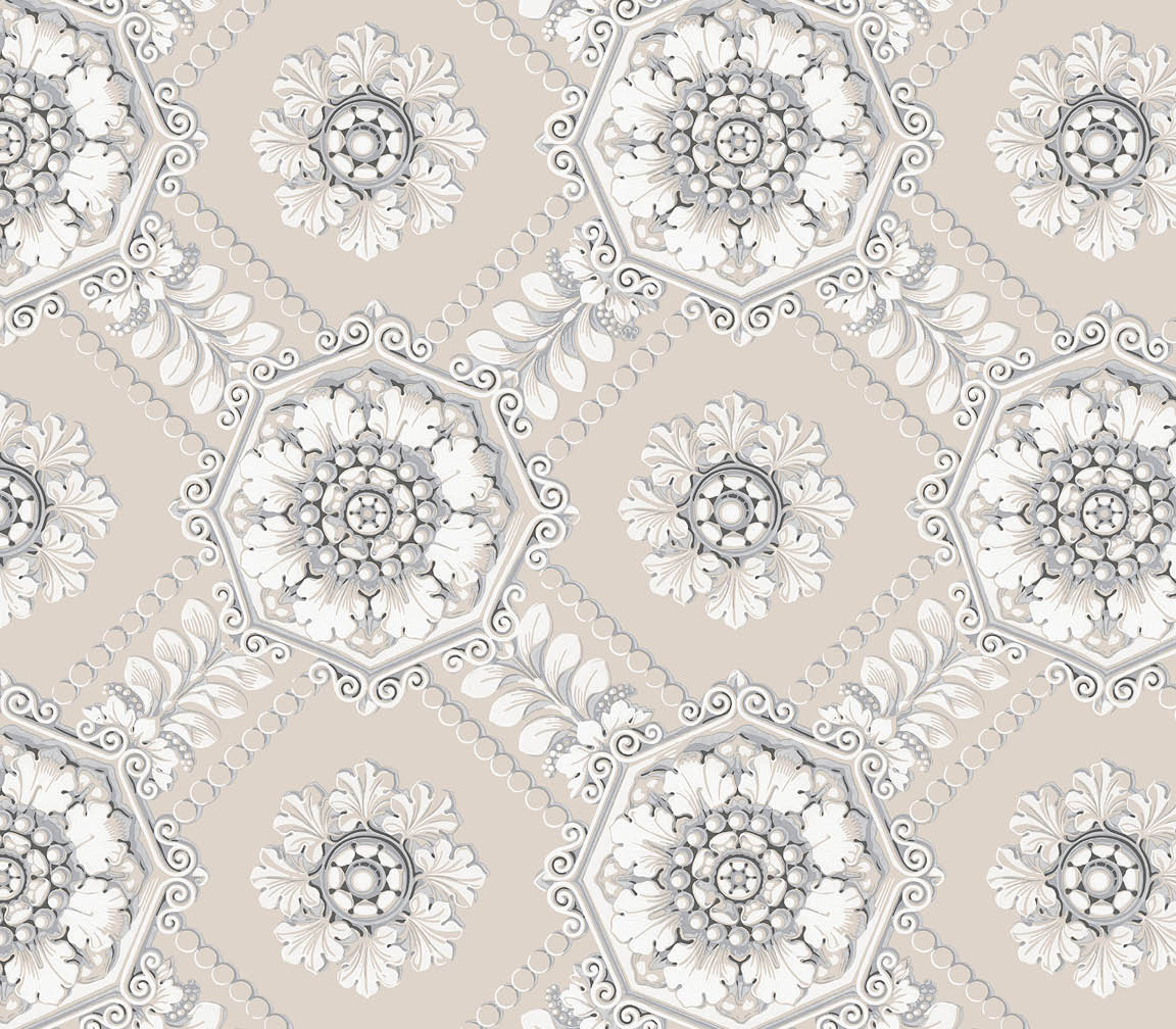 Grey, pearl and silver light reflective medallion wallpaper