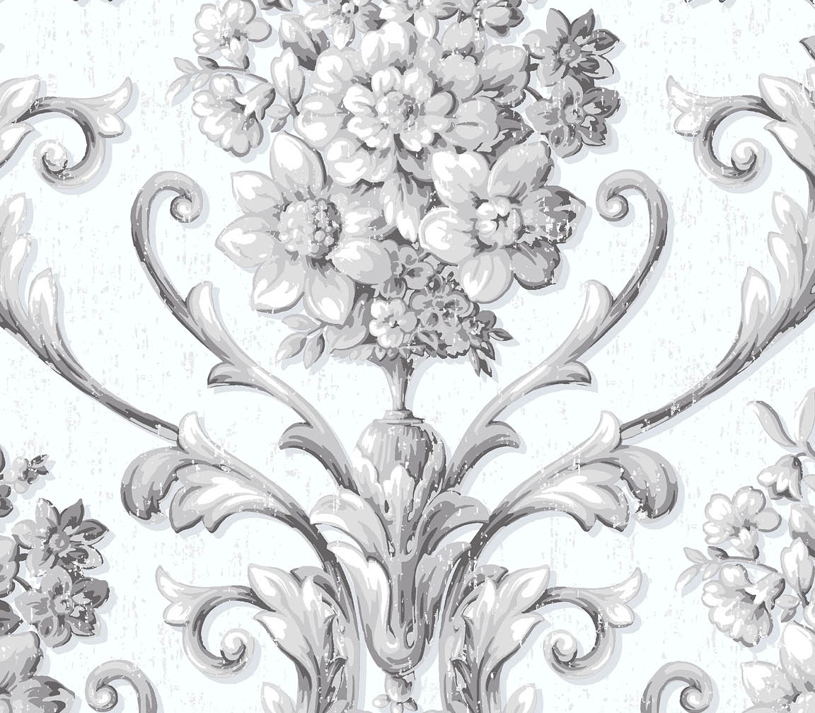 White and silver light reflective damask wallpaper