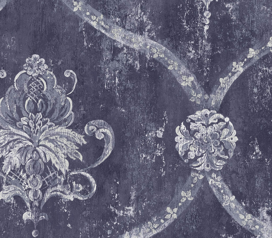 Blue and silver light reflective damask wallpaper