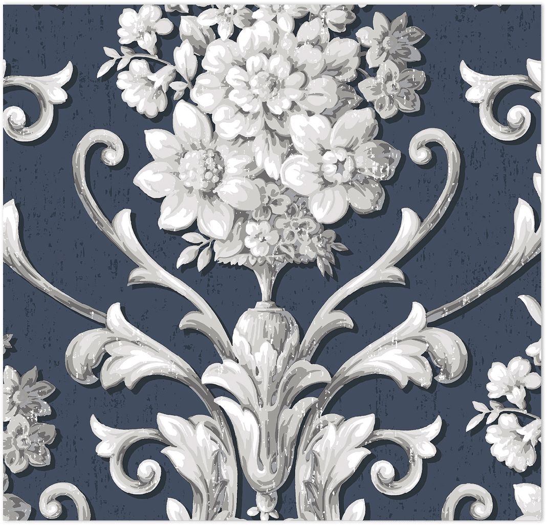 blue and silver light reflective damask wallpaper