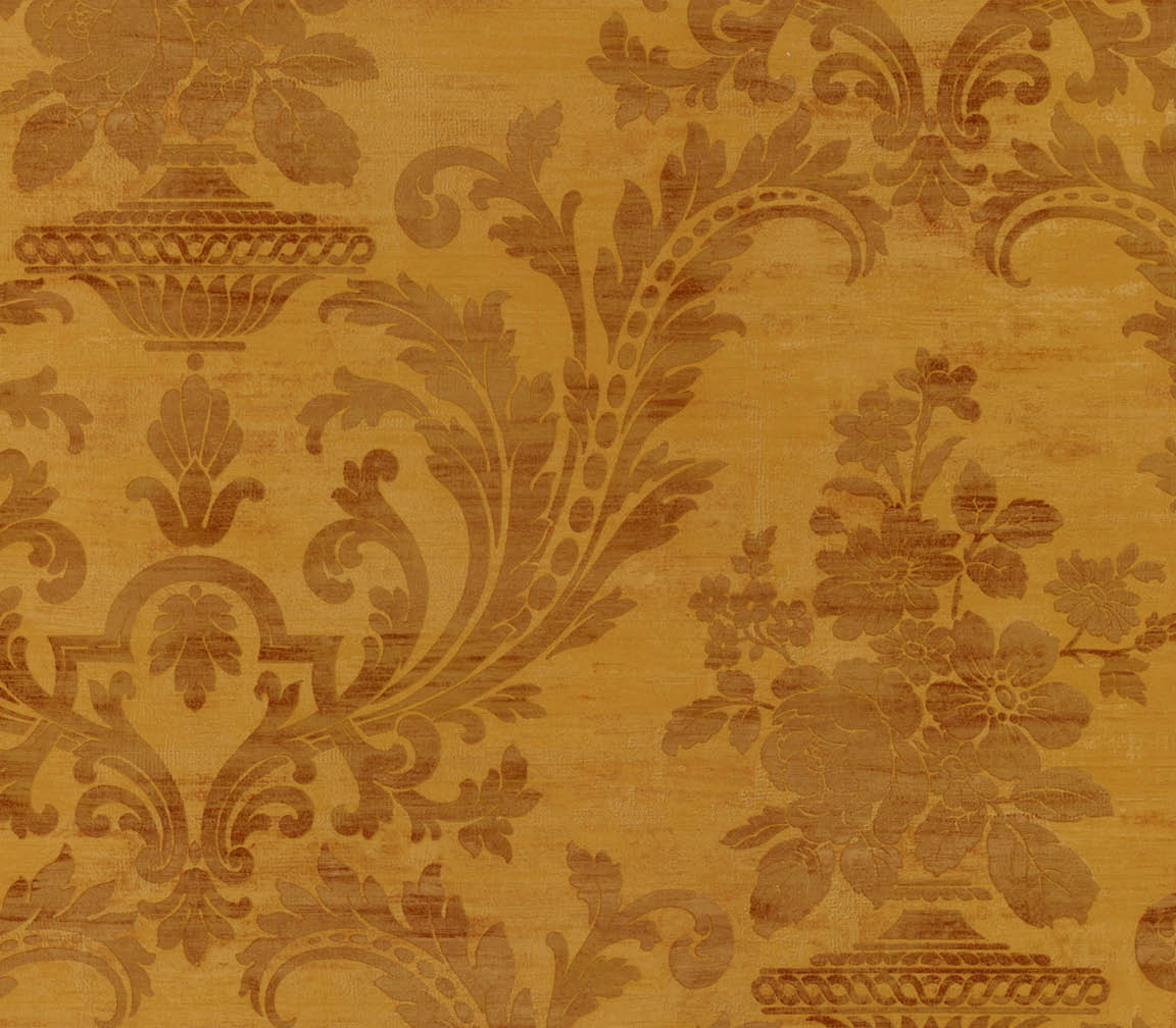 Ochre, gold and rust light reflective damask wallpaper