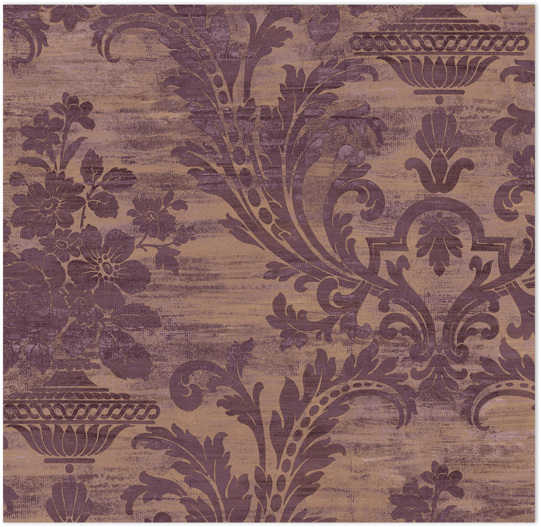 Purple and gold light reflective damask wallpaper