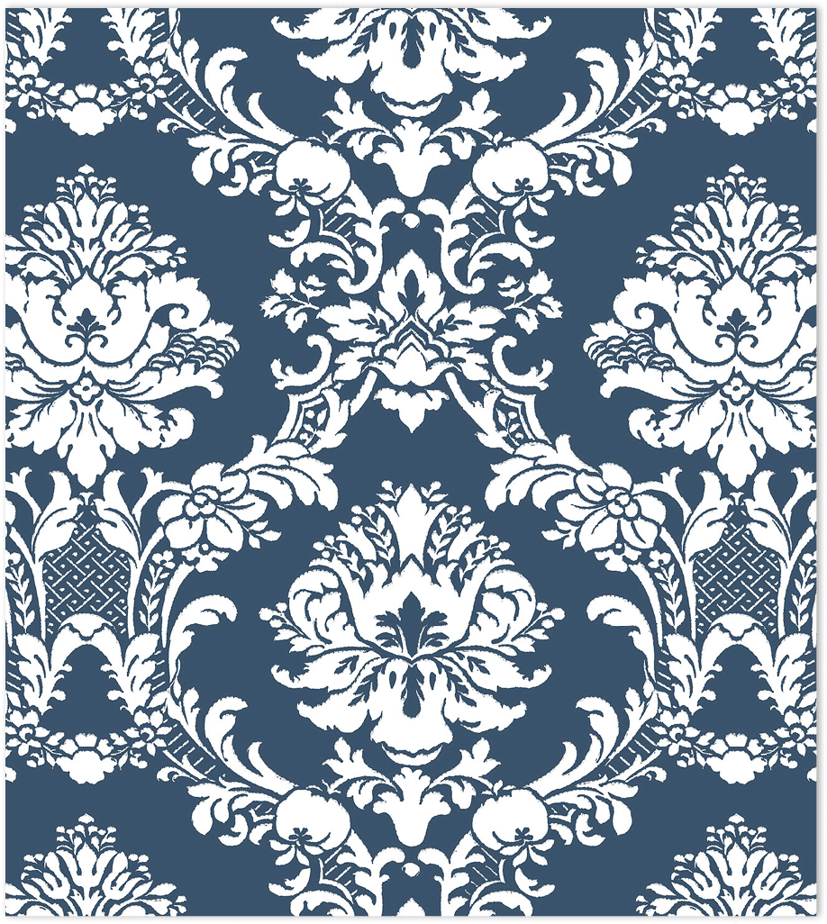 Blue and pearl light reflective damask wallpaper