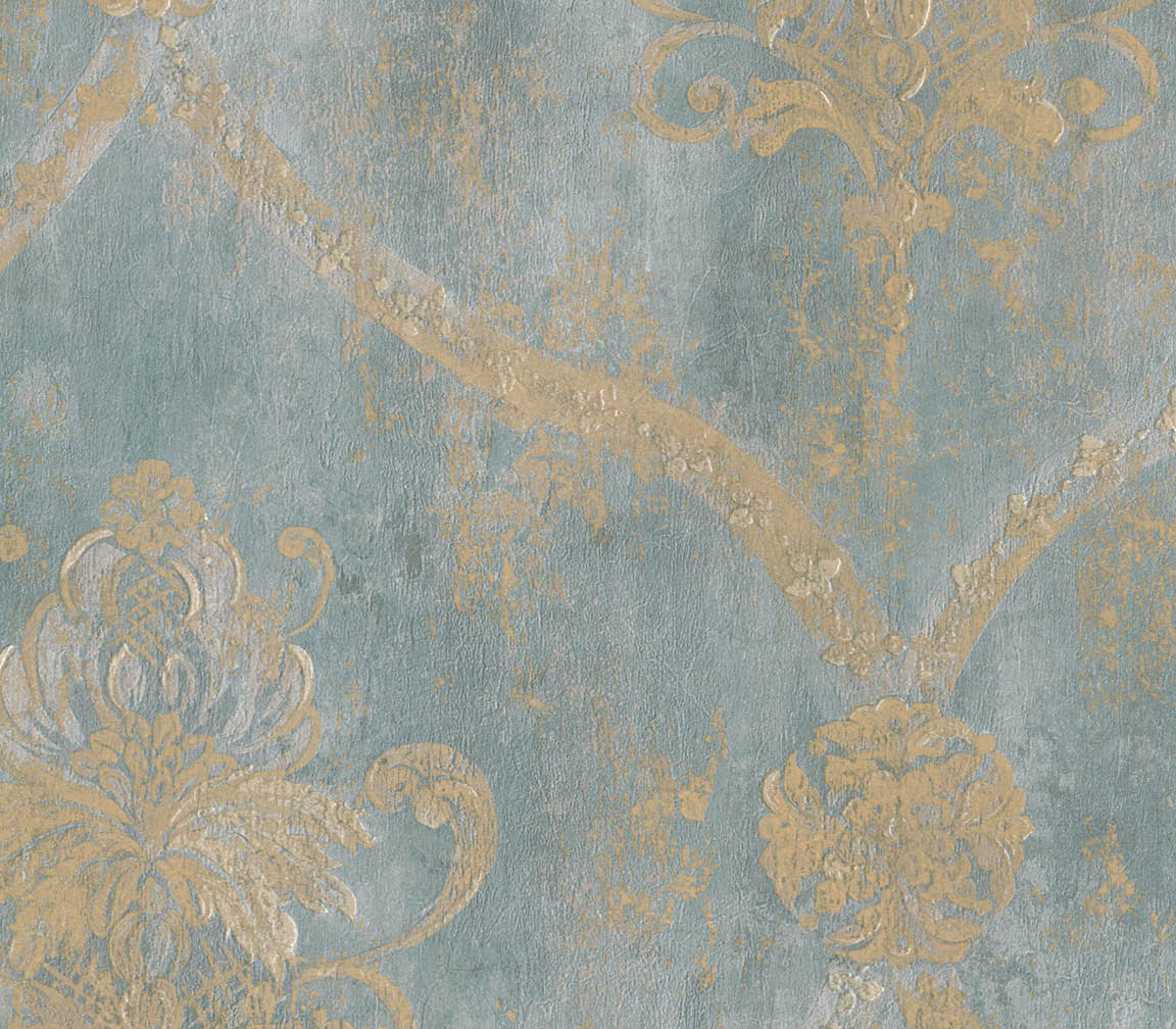 Metallic gold and aqua damask wallpaper