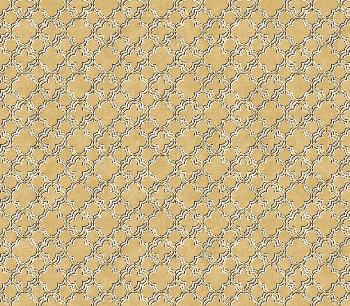 Gold, black and white light reflective quatrefoil wallpaper