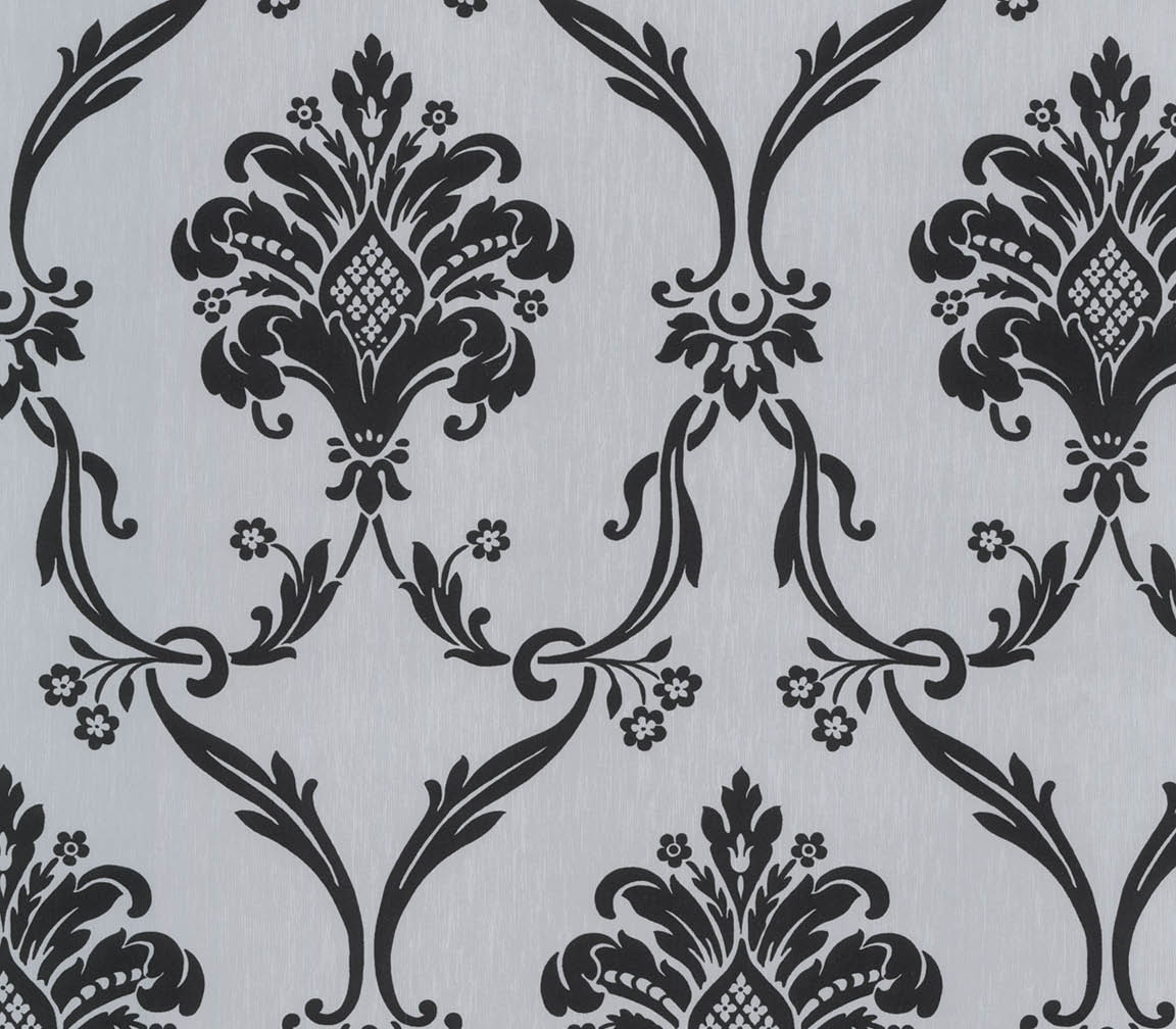 damask in black and silver light reflective wallpaper