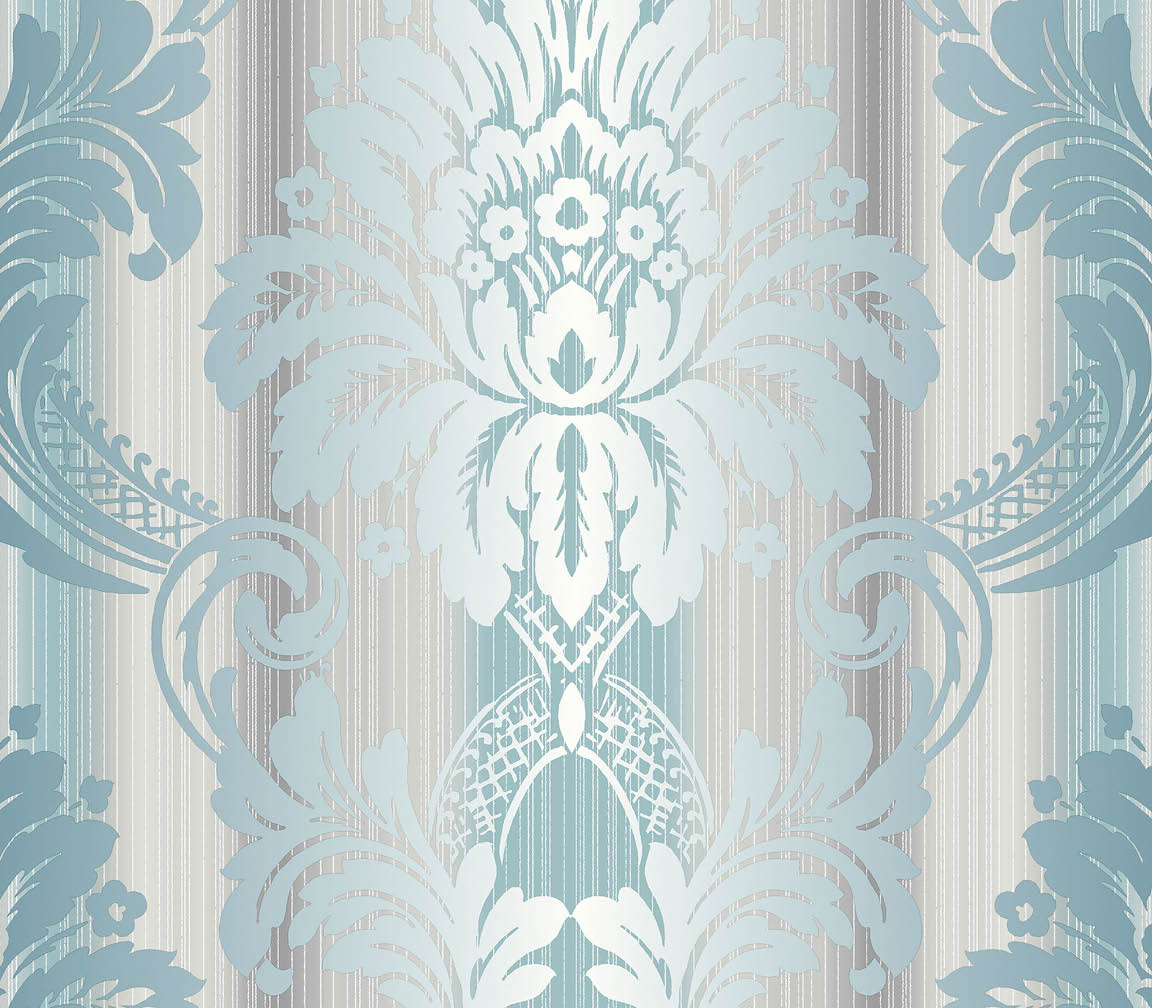 Teal, grey and silver light reflective damask wallpaper