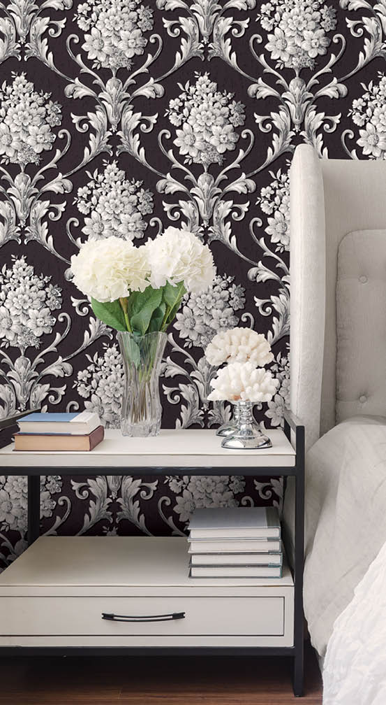 Black and grey damask silks wallpaper in a modern bedroom