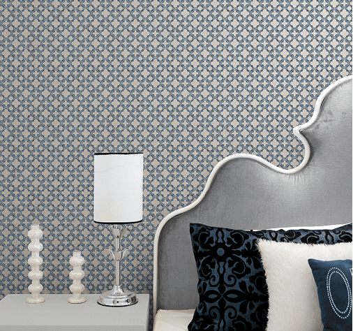 bedroom with navy, grey and silver pattern silks wallpaper