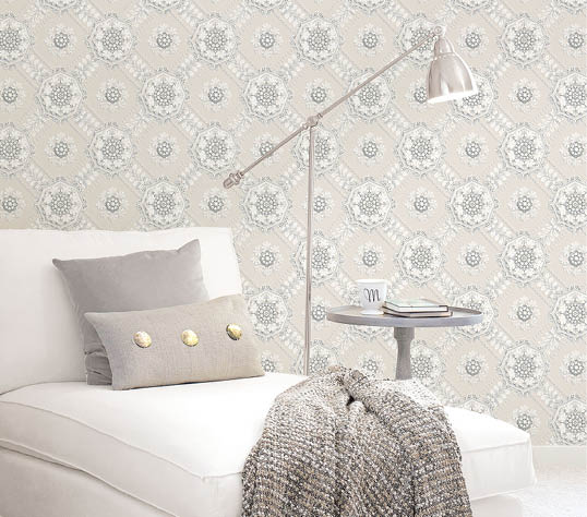 Vignette with light taupe, pearl and silver medallion silks wallpaper