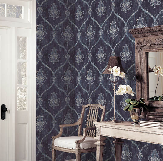 Entrance way with blue, grey and silver damask silks wallpaper