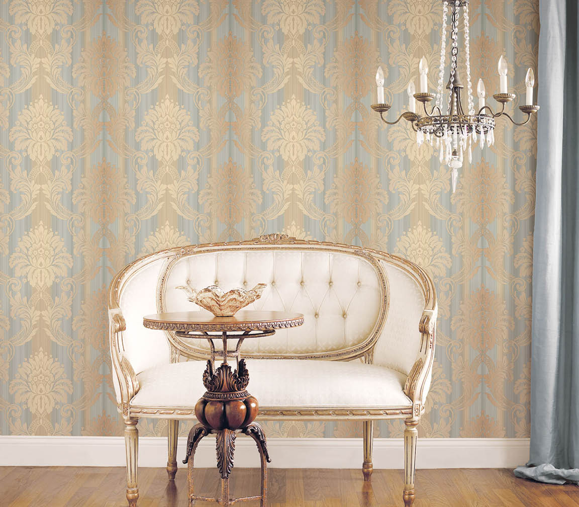 Silks blue and beige striped damask wallpaper in a vignette