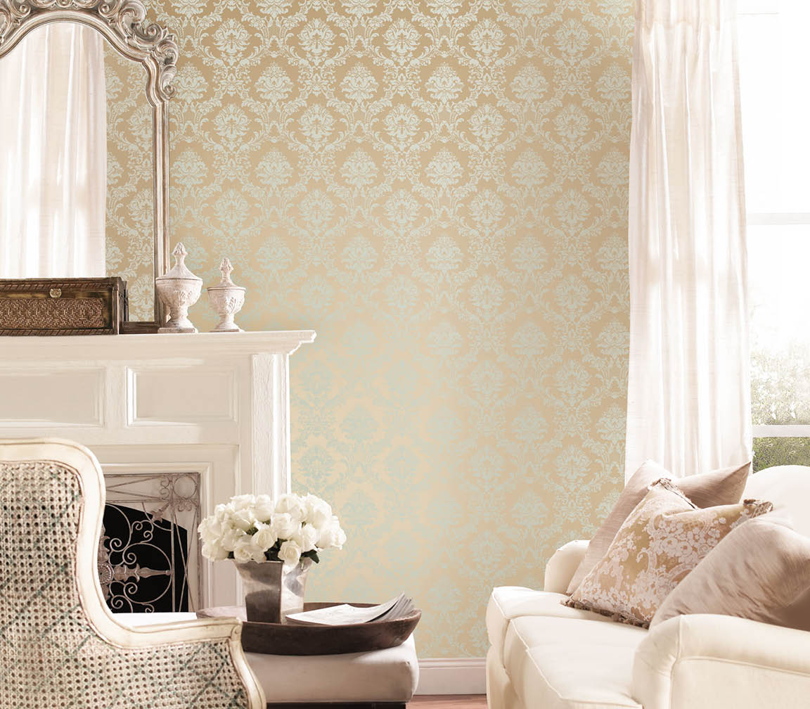 Living room with mint green and gold damask silks wallpaper