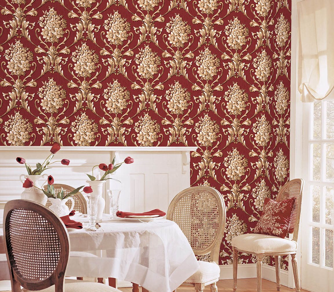 dining room with red, beige and gold damask silks wallpaper