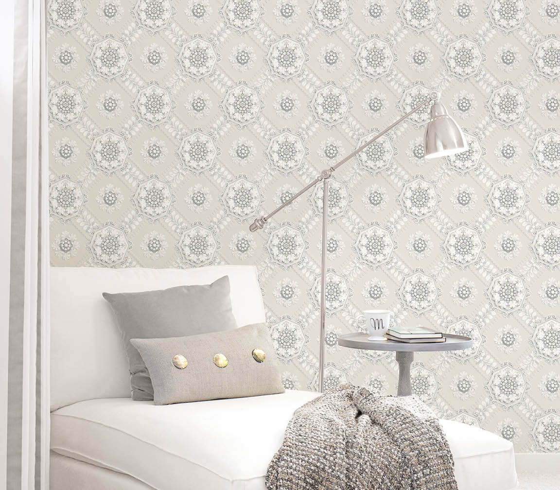 Vignette with light taupe, pearl and silver medallion silks wallpaper