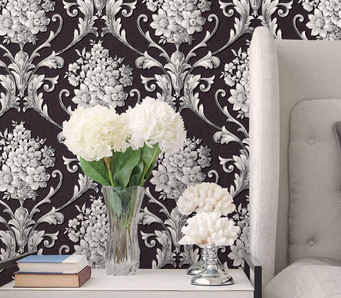 Black and grey damask silks wallpaper in a modern bedroom