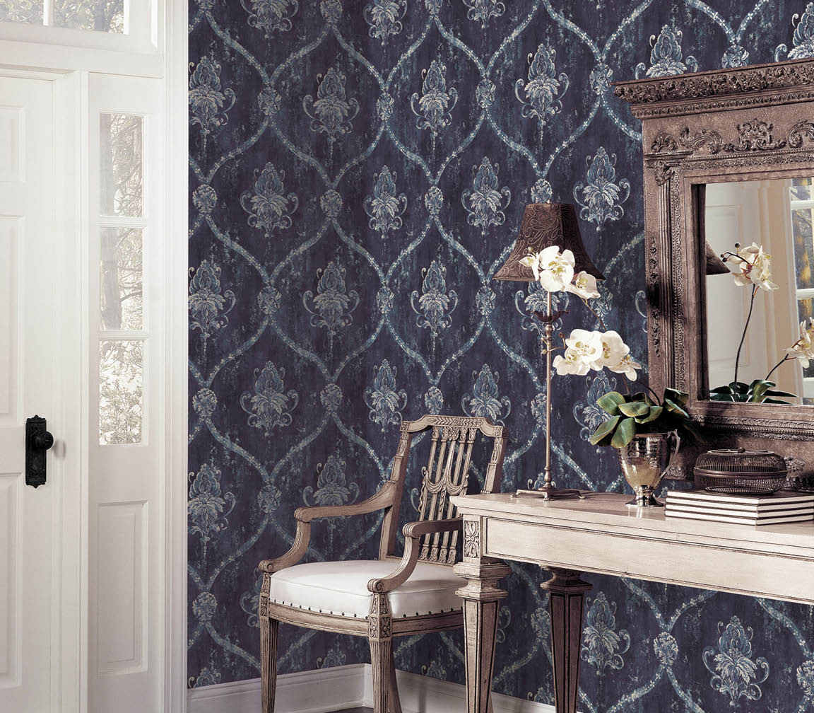 Entrance way with blue, grey and silver damask silks wallpaper
