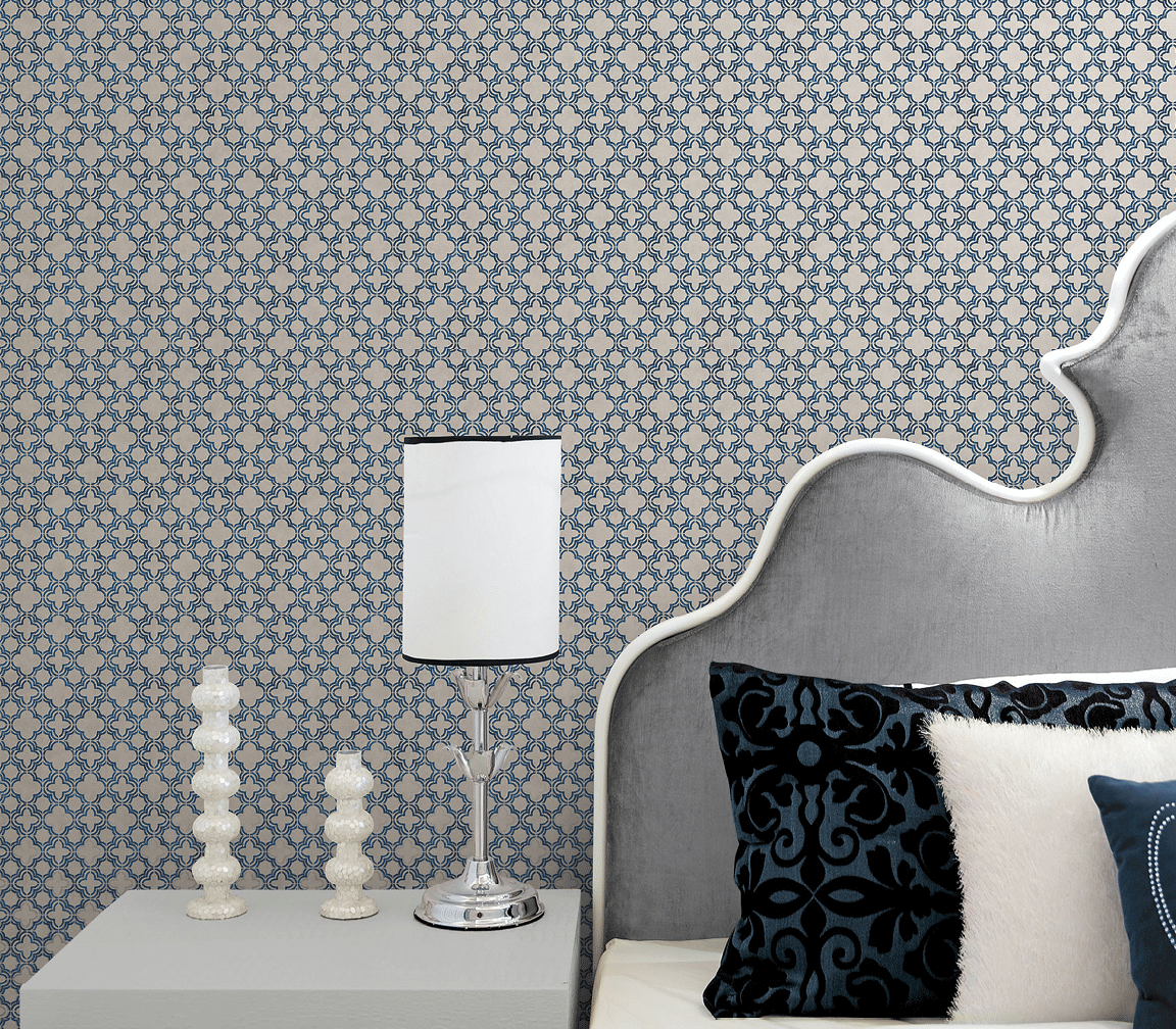 bedroom with navy, grey and silver pattern silks wallpaper