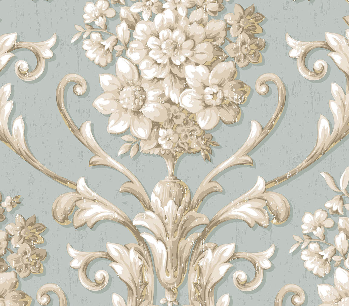 Blue, beige and gold light reflective damask wallpaper