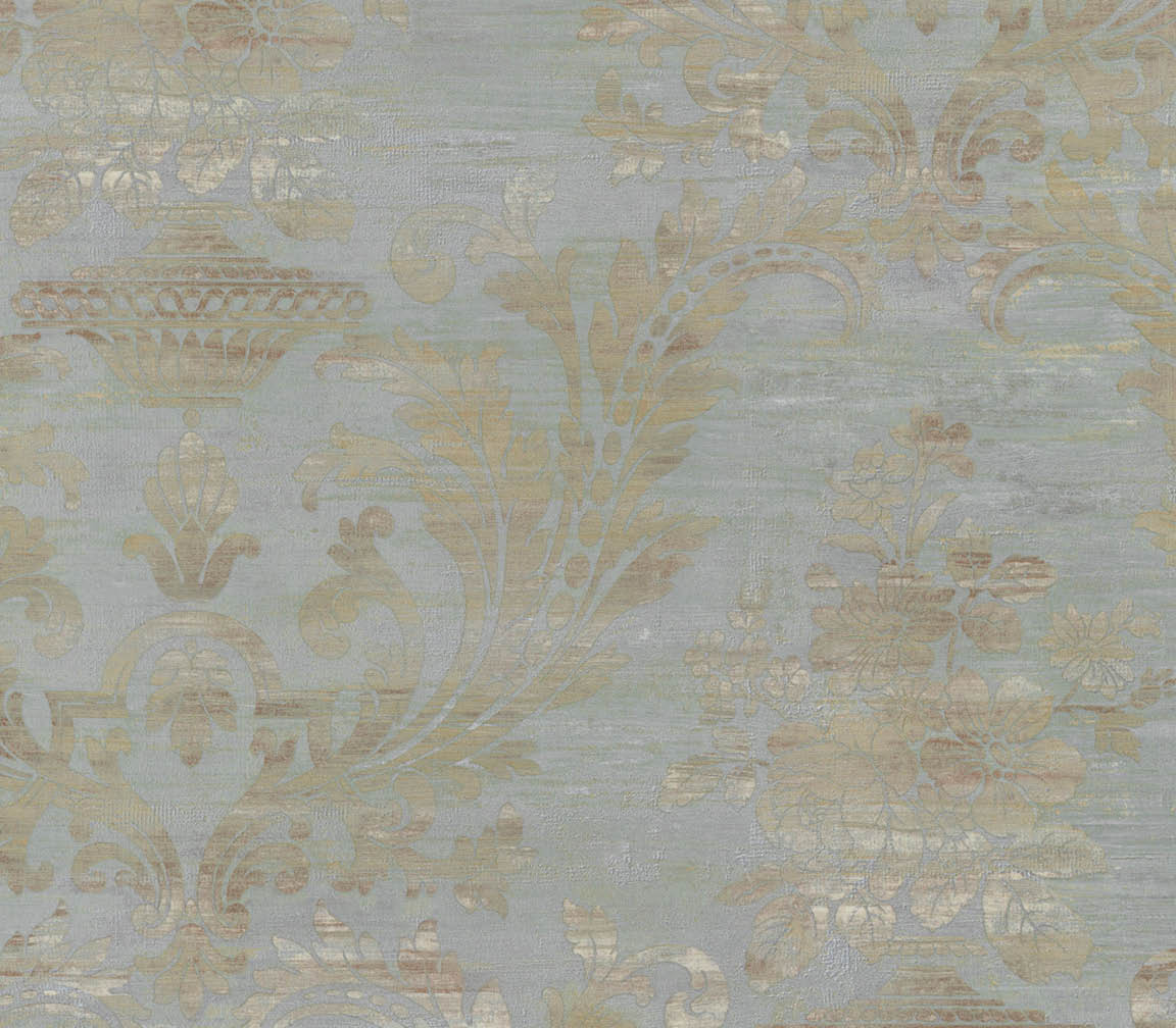 blue, brown and pearl light reflective damask wallpaper