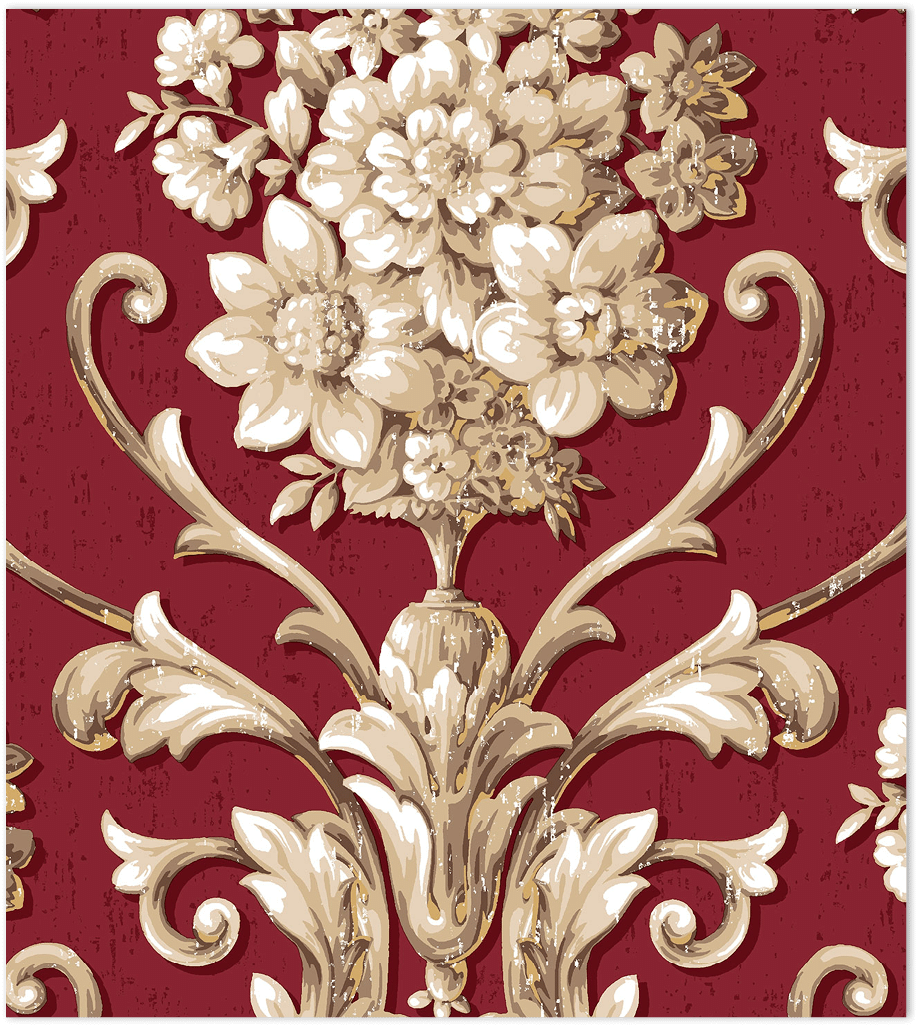 red, beige and gold light reflective damask wallpaper