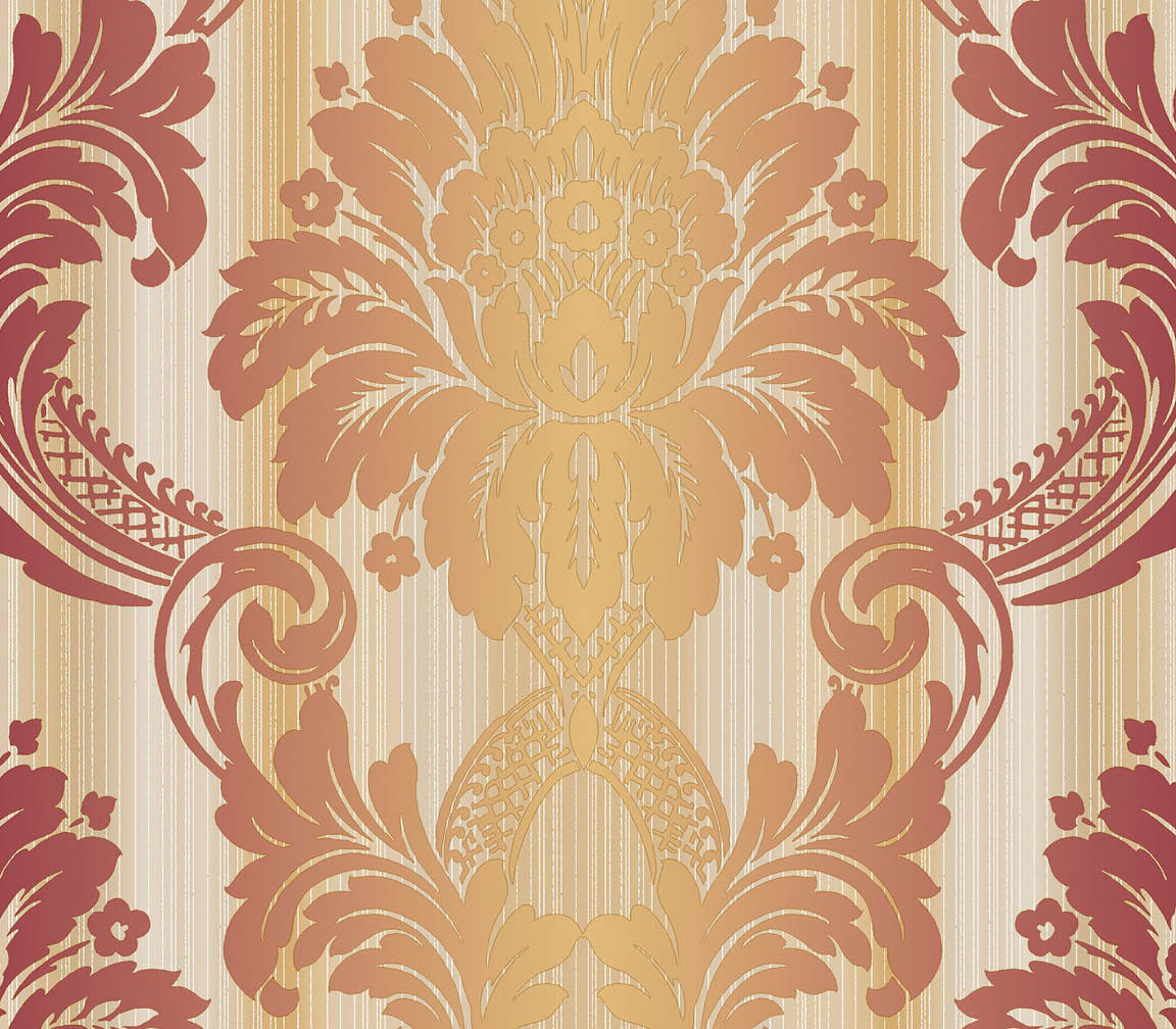 Red, ochre and gold light reflective damask wallpaper