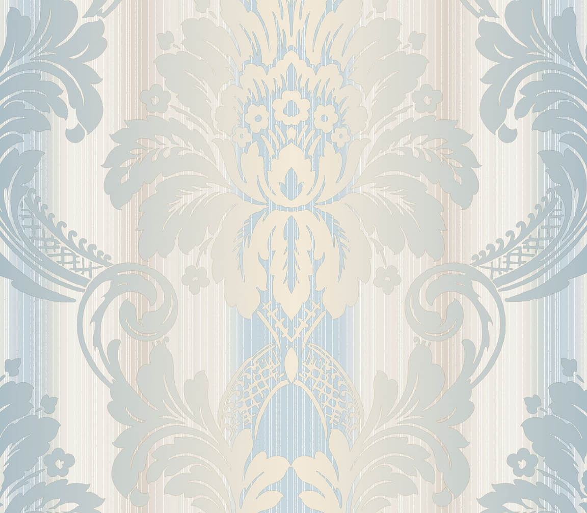 Blue and taupe light reflective damask wallpaper