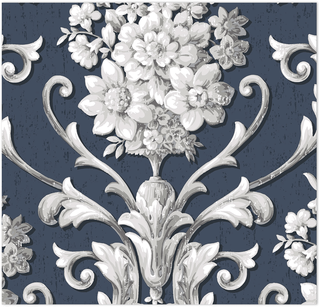 blue and silver light reflective damask wallpaper