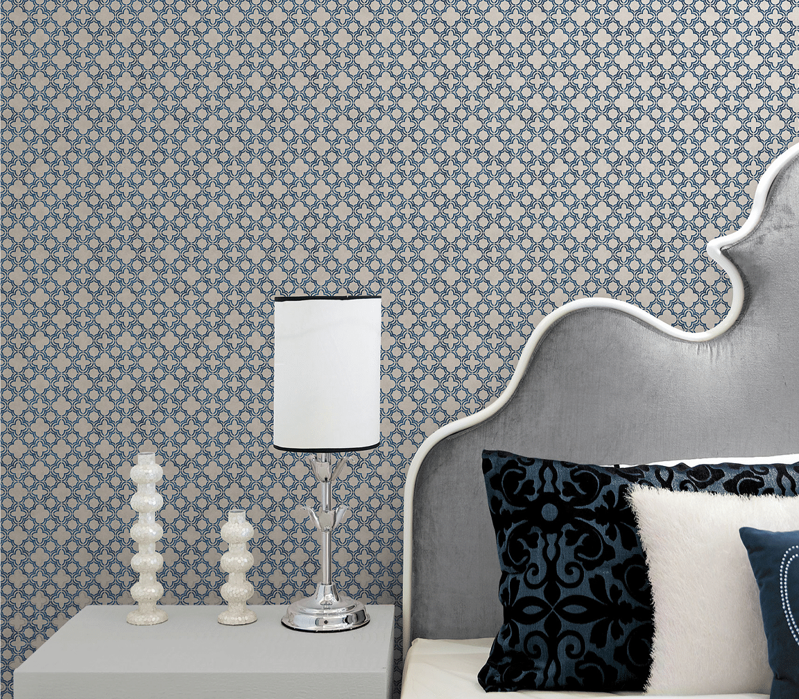bedroom with navy, grey and silver pattern silks wallpaper