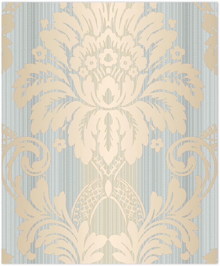 Blue, beige and gold light reflective string damask wallpaper