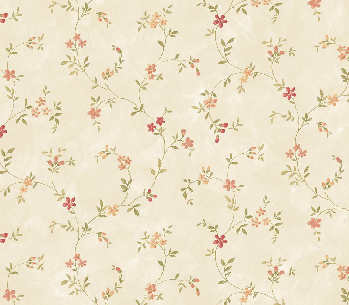 small floral trail in red, ochre and beige wallpaper