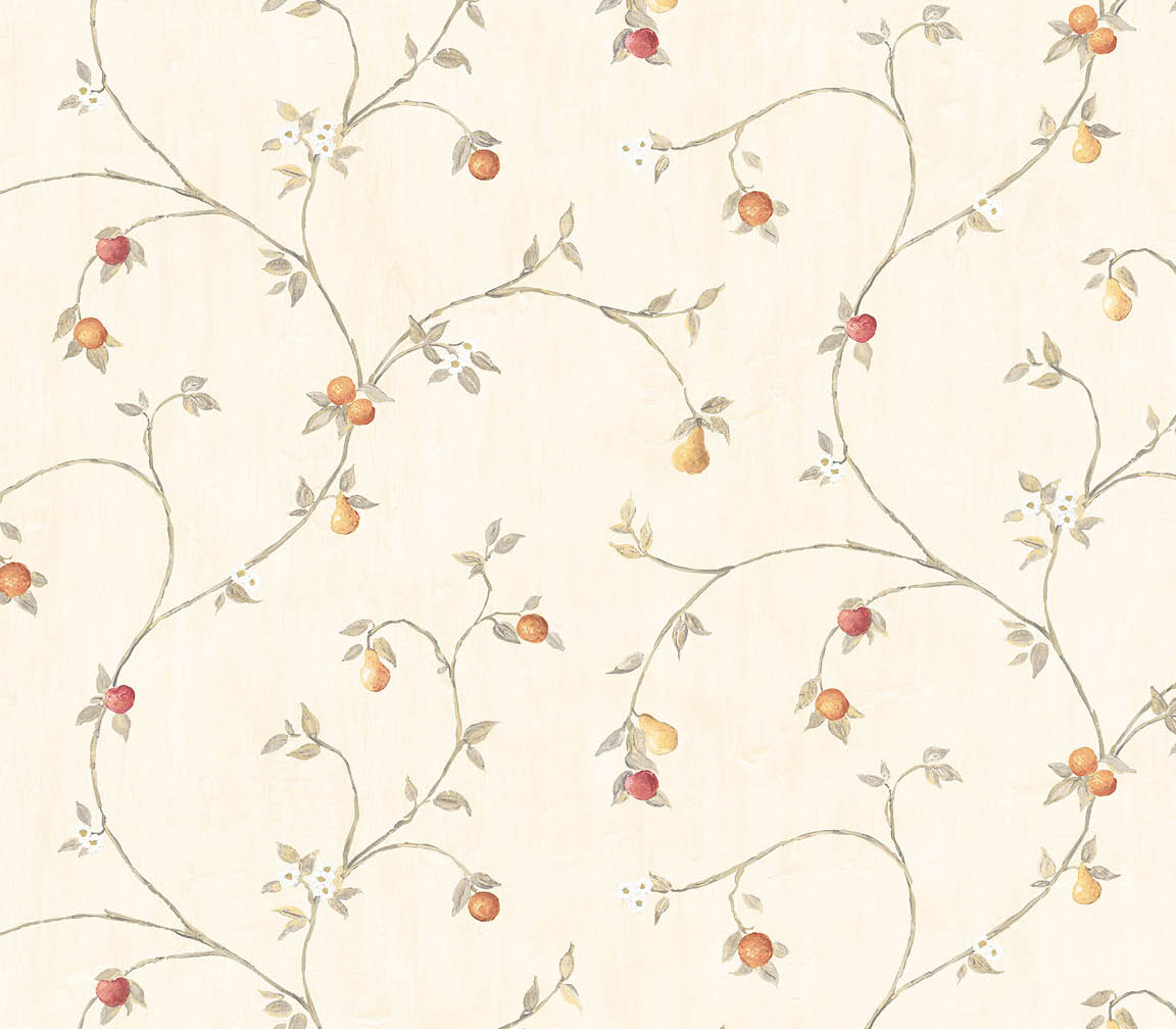 red, cream, taupe fruit trail wallpaper