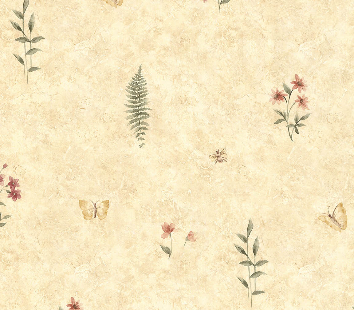 floral allover in multi colours on yellow texture wallpaper