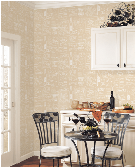 kitchen with warm beige chalk board style wine motif wallpaper