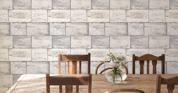 Dining room with crates wallpaper in beiges and grey