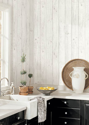 kitchen counter with sink and wood texture panel wallpaper in grey