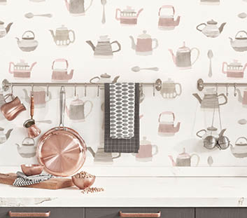 Kitchen counter with teapots and spoons wallpaper in pink and warm greys