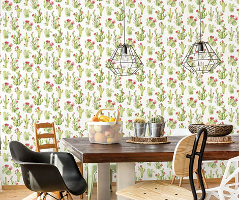 Dining room with cactus wallpaper in green with red flowers