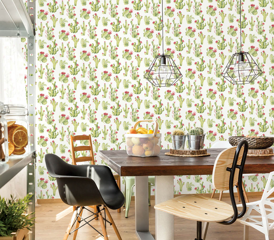 Dining room with cactus wallpaper in green with red flowers