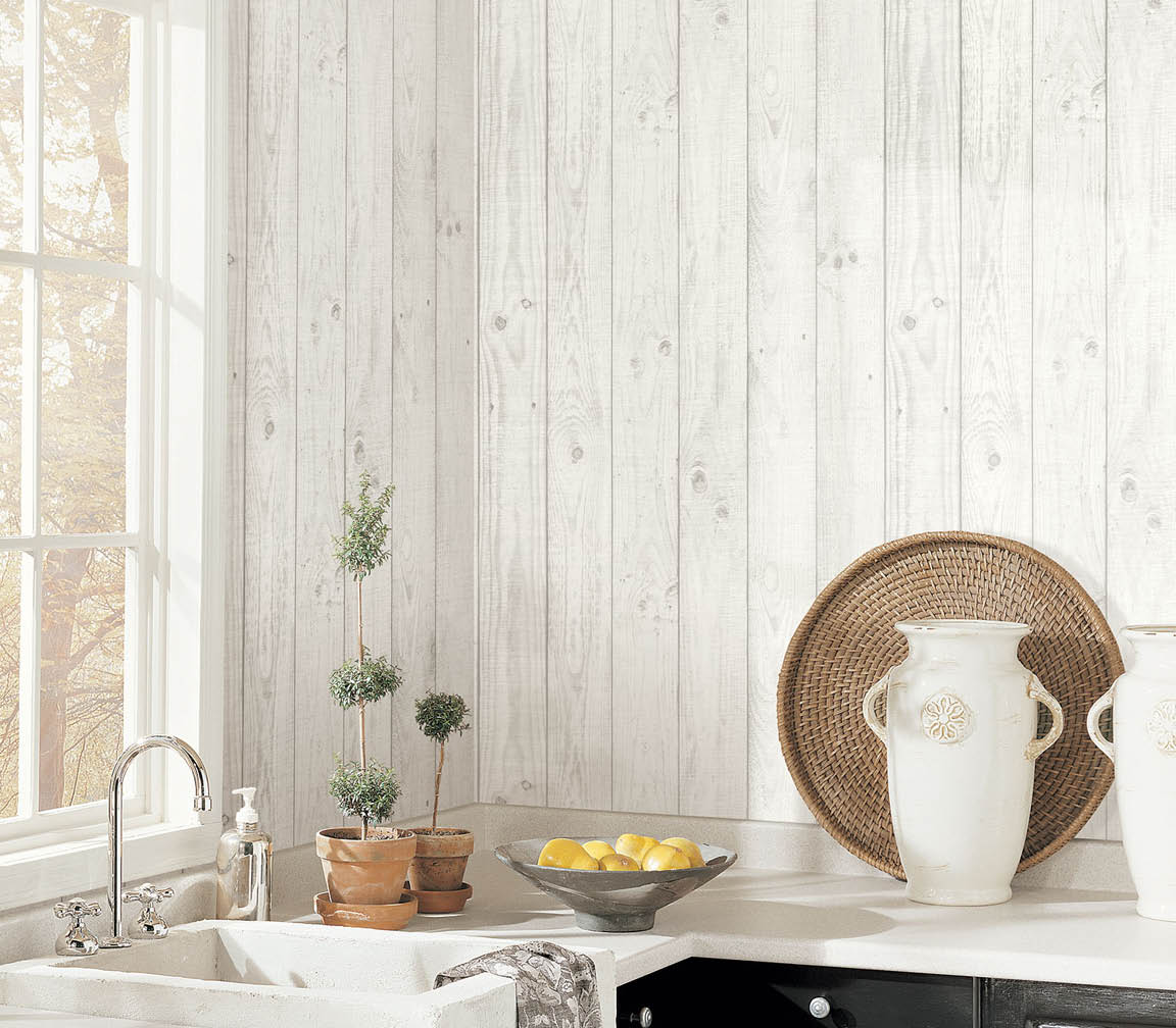 kitchen counter with sink and wood texture panel wallpaper in grey