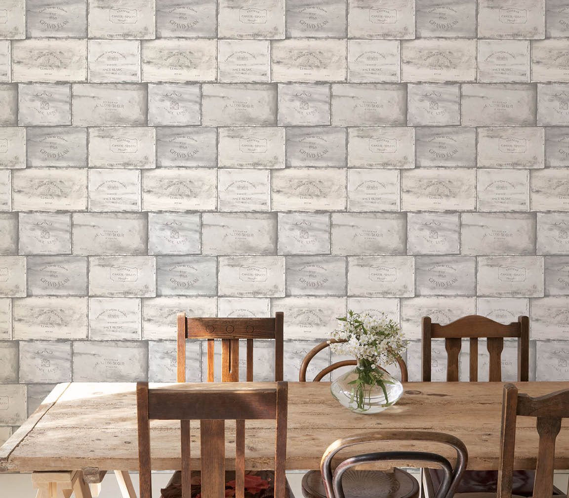 Dining room with crates wallpaper in beiges and grey