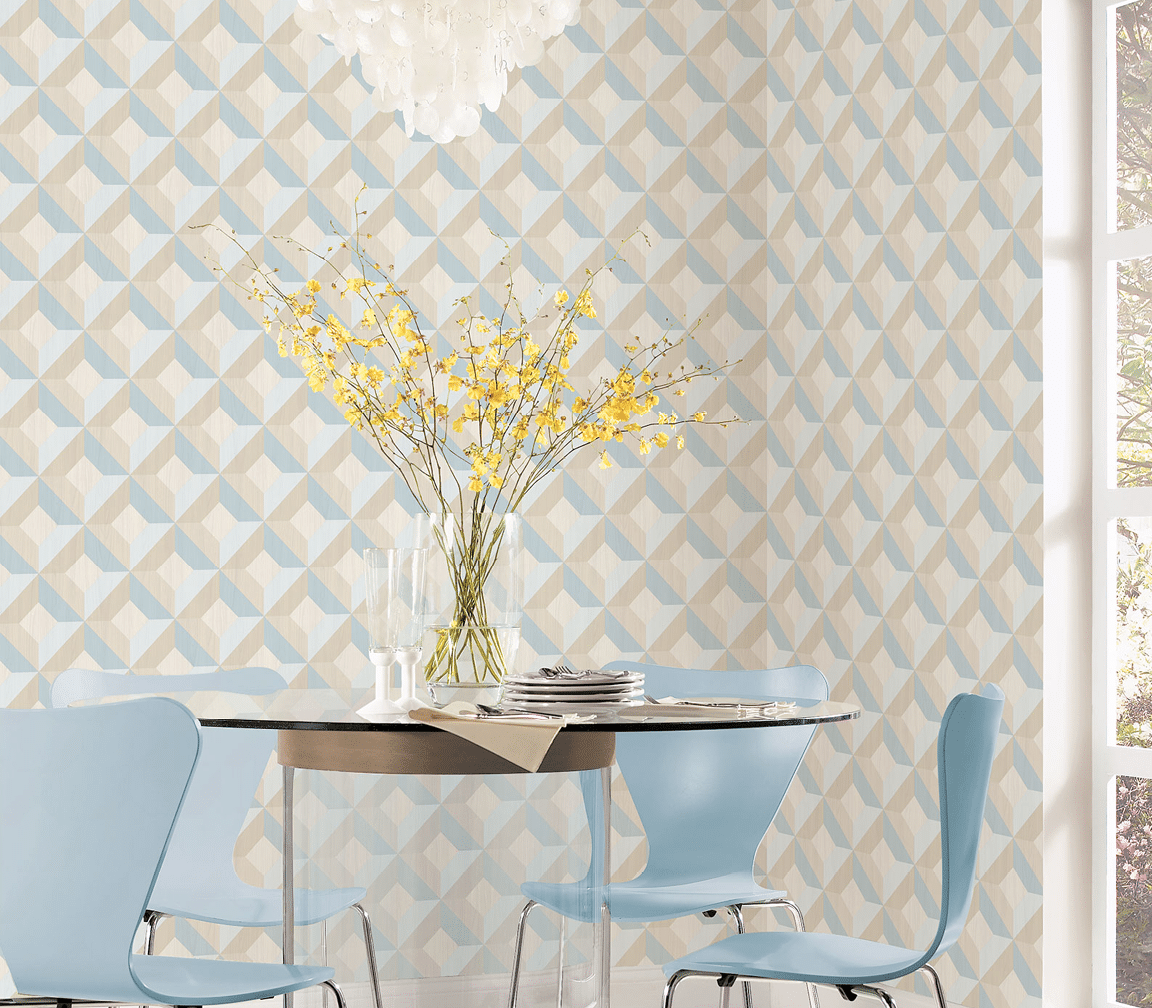 Dining Room with wood geometric texture in blue and beige wallpaper