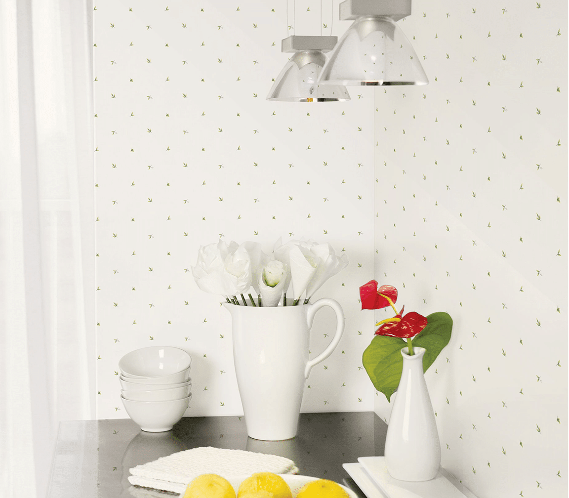 kitchen counter with small green leaves allover wallpaper