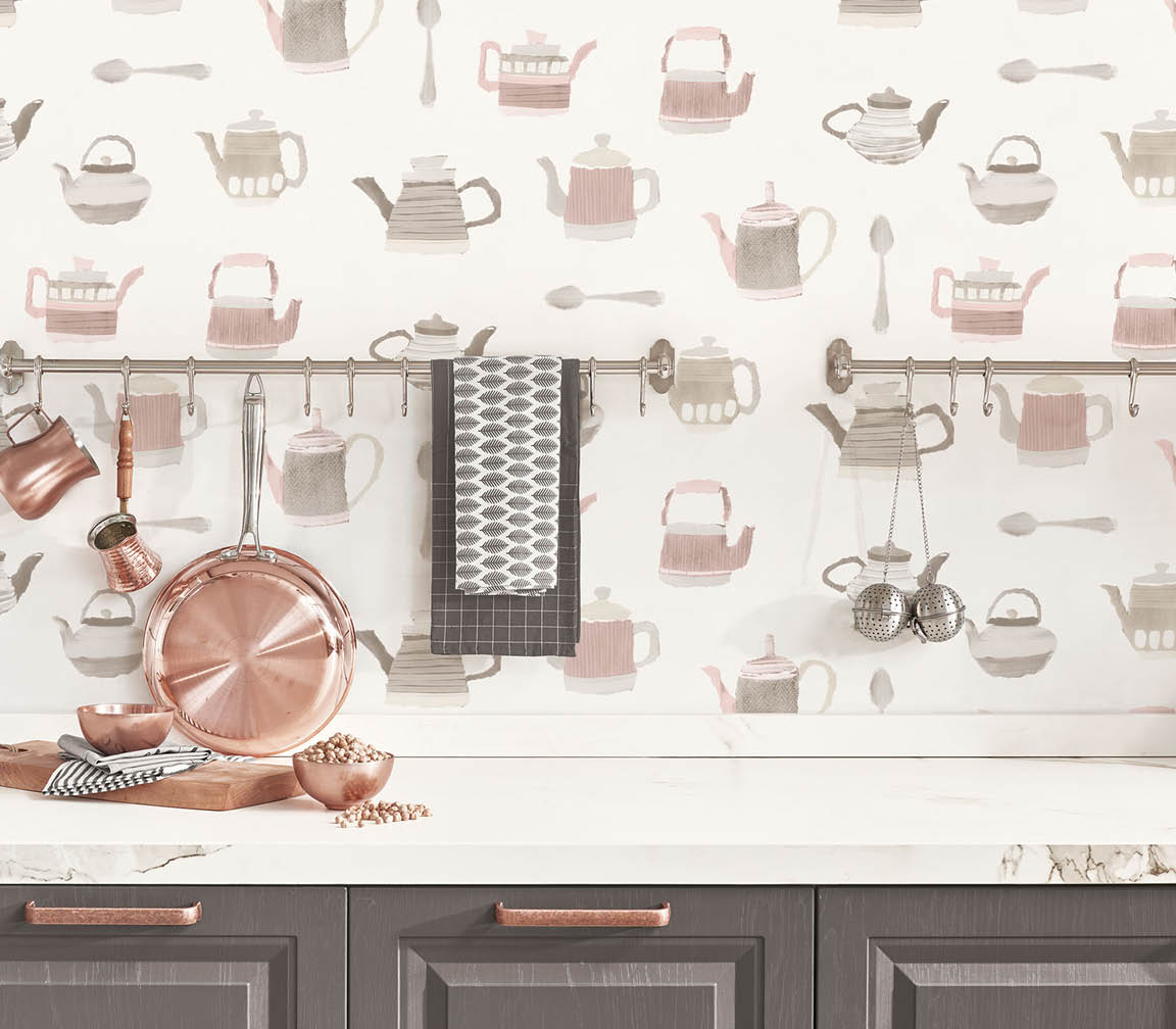 Kitchen counter with teapots and spoons wallpaper in pink and warm greys