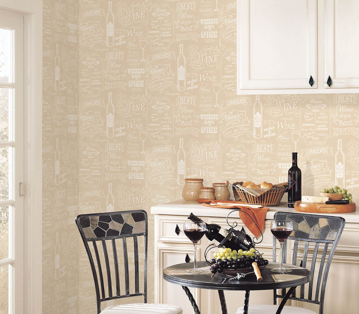 kitchen with warm beige chalk board style wine motif wallpaper