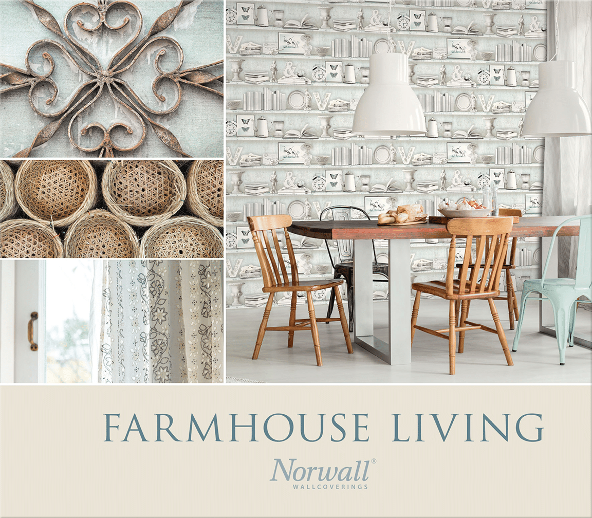 Farmhouse Living cover for collection of wallpapers depicting designs of woods, curio shelves, textures, bricks, paisleys, florals and tiles