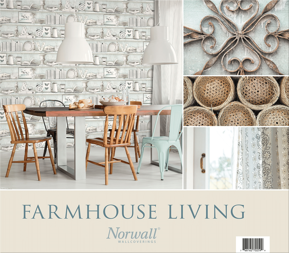Farmhouse Living cover for collection of wallpapers depicting designs of woods, curio shelves, textures, bricks, paisleys, florals and tiles