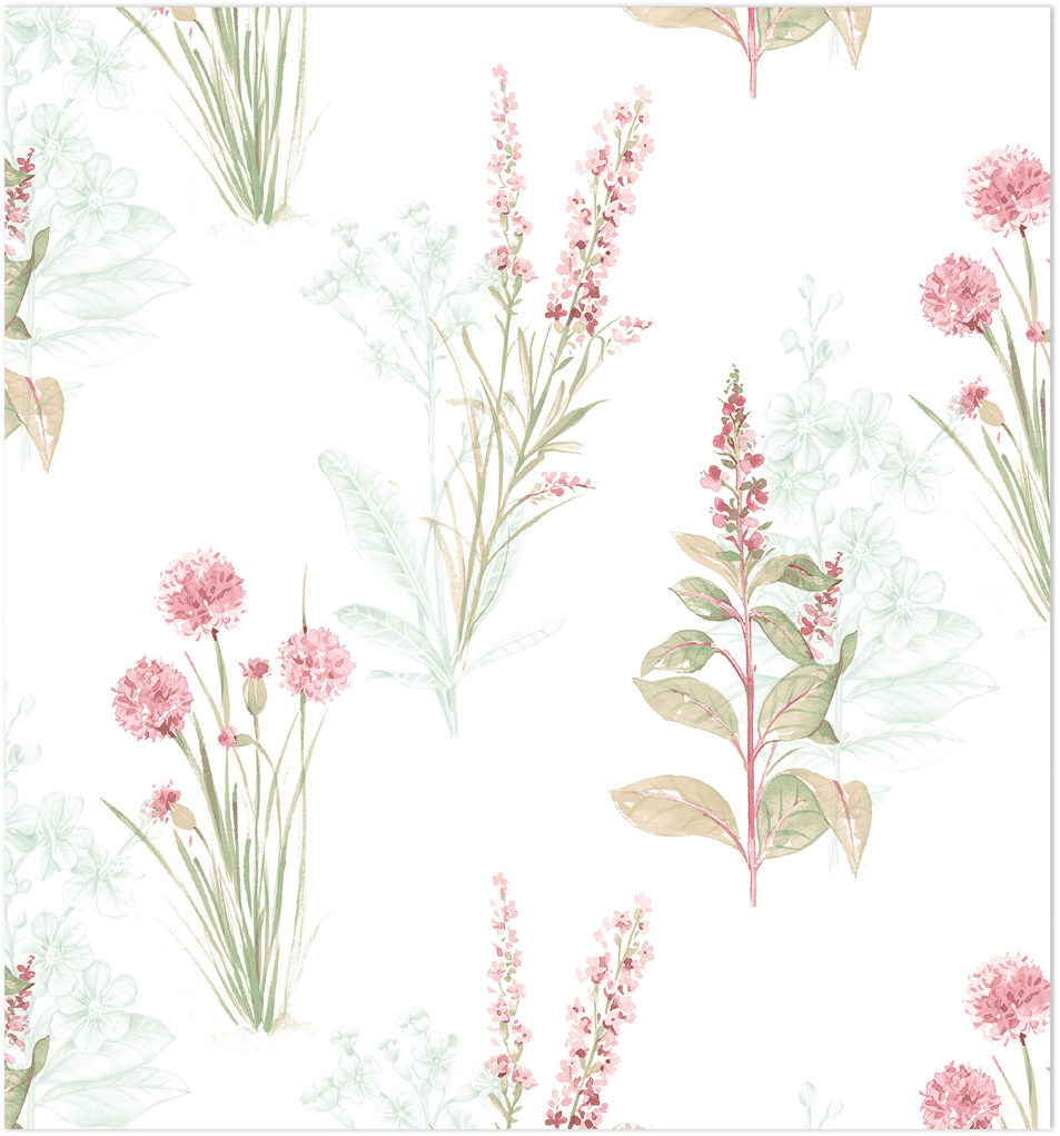 pink green and teal florals on white wallpaper